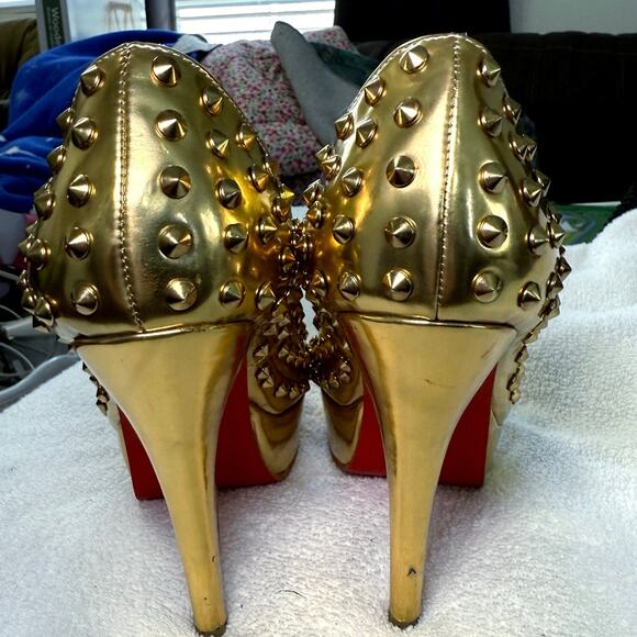 CHRISTIAN LOUBOUTIN Specchio Lady Peep Spikes 150 Pumps Gold Sz 40 9.5 Stiletto - Picture 2 of 7